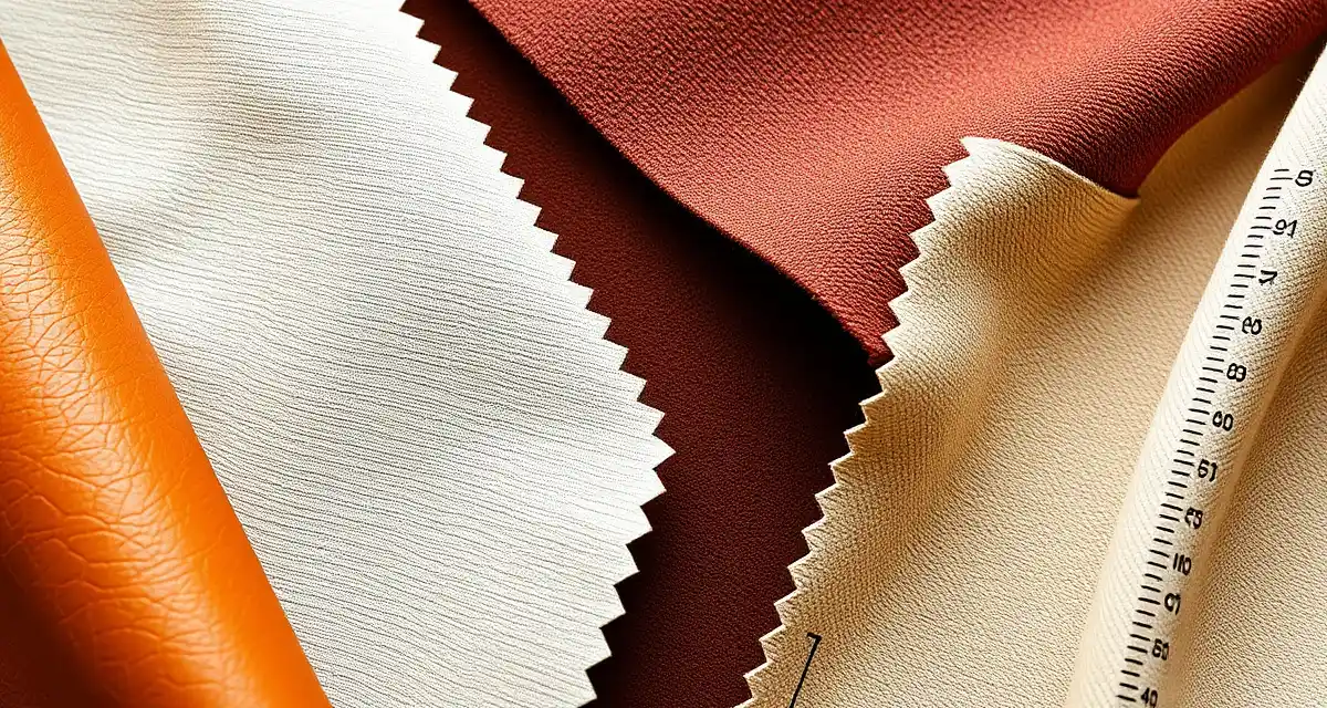 Seam allowance measurements by fabric type Fabric seam allowance guide showing leather, vinyl, and chenille samples with precise measurement rulers for upholstery projects.