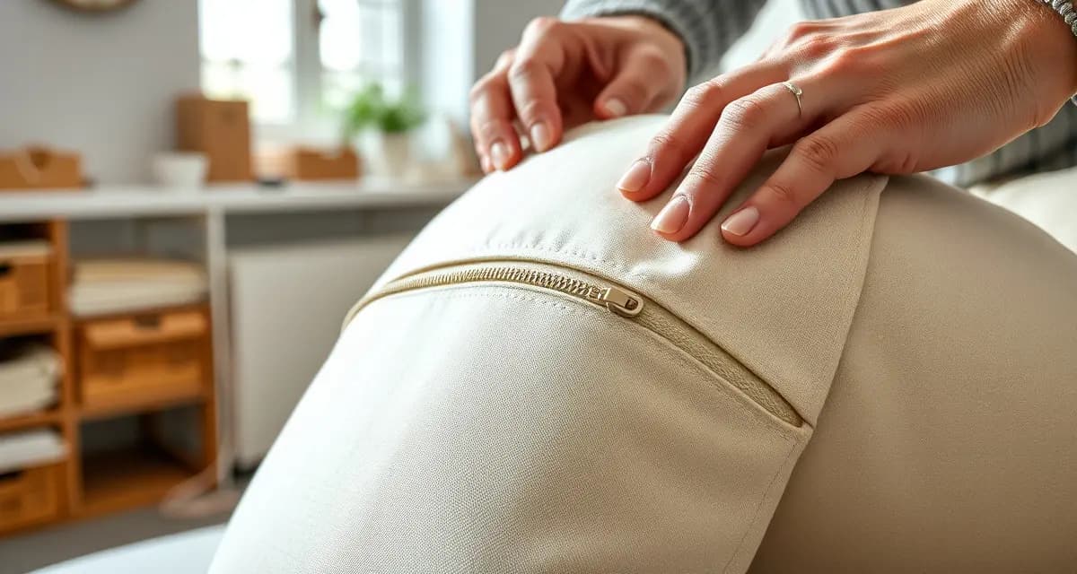 Invisible Zipper Installation Technique Professional upholstery sewing techniques demonstrated with invisible zipper installation on cushion seam showing expert stitching detail