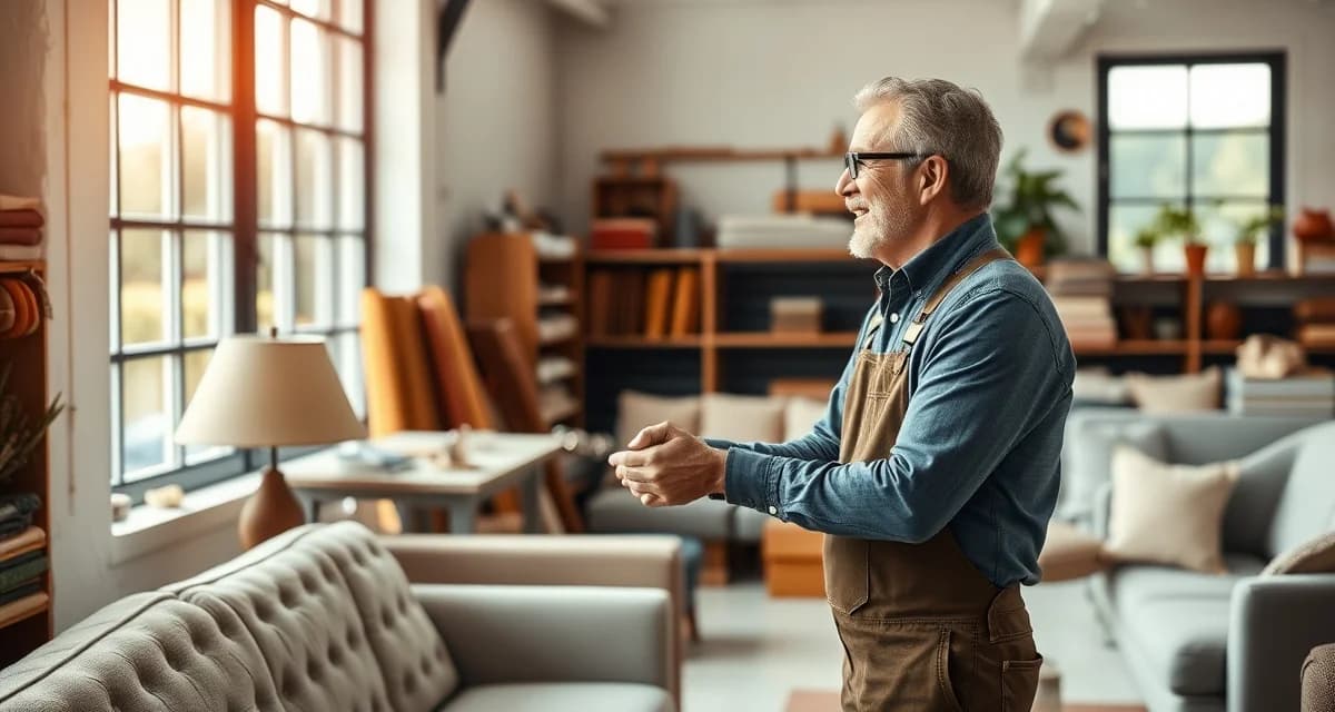 Building trust through upholstery shop client experience Professional upholstery shop owner delivering exceptional 5-star service to a satisfied client during consultation.