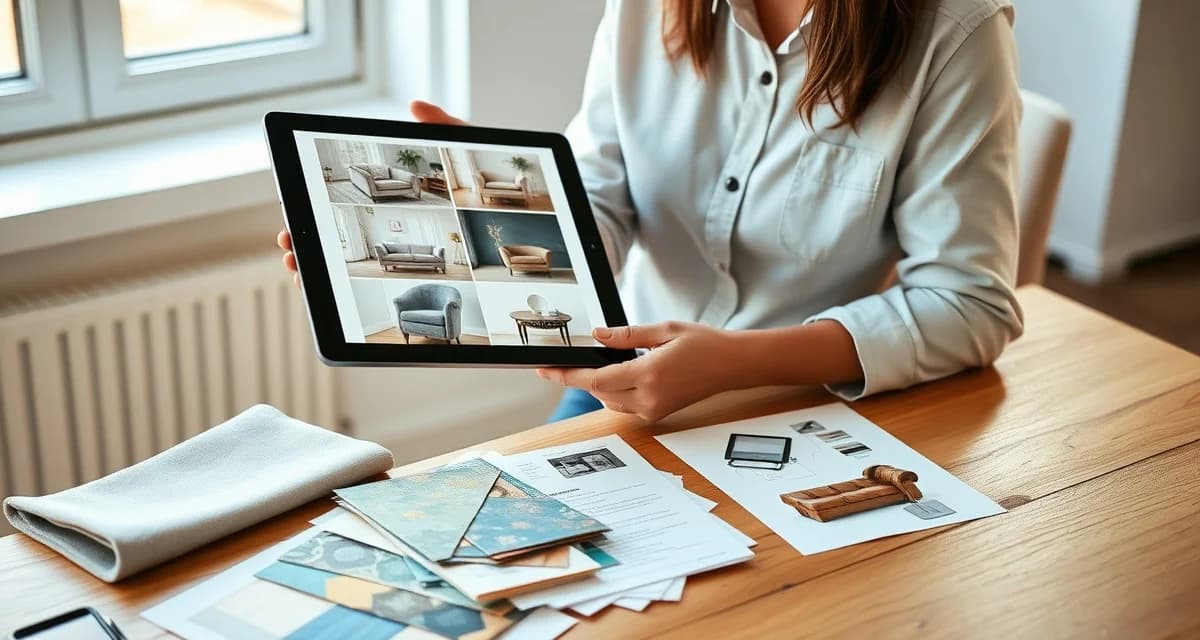 Digital portfolio management for upholstery businesses Upholstery shop owner displaying before-and-after furniture portfolio on digital tablet with professional workspace setup