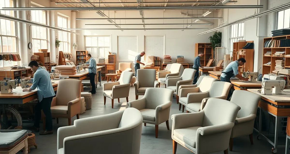 Optimal upholstery shop capacity management Modern upholstery shop with craftspeople managing multiple furniture projects at efficient capacity utilization levels