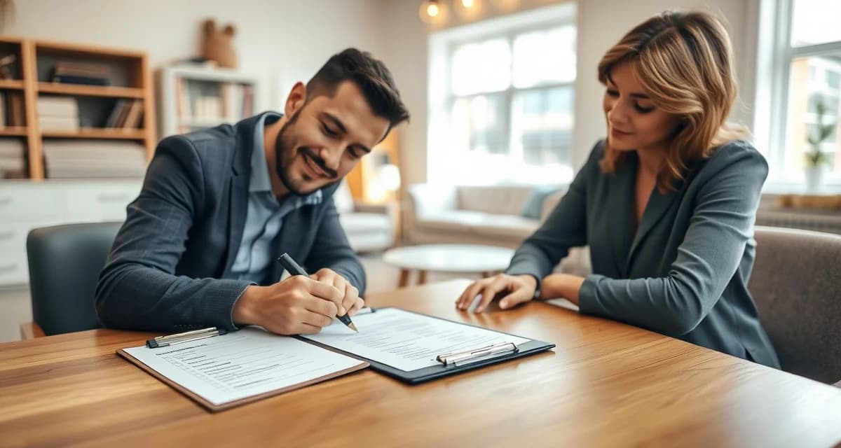 Client intake form signing process for upholstery shops Professional upholstery shop client signing an intake form at desk with fabric samples and furniture visible in background