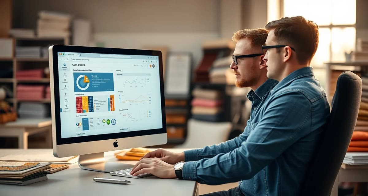 CRM comparison tool for upholstery shop management Upholstery shop manager reviewing CRM software comparison on computer screen in modern workshop office environment.