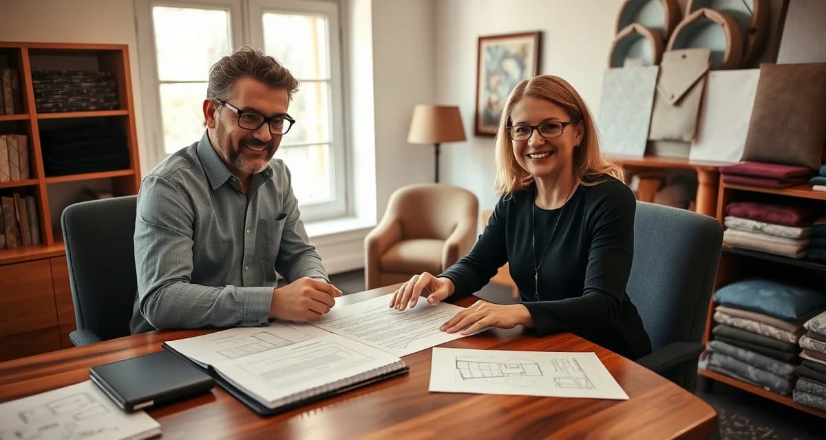 Protecting Your Upholstery Business with Smart Payment Policies Upholstery shop owner and client reviewing deposit and payment agreement terms at desk with fabric samples