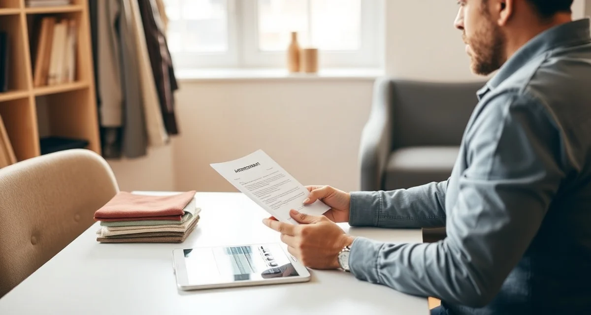 Professional deposit policy documentation for upholstery businesses Upholstery shop manager reviewing a written deposit policy agreement with client signature and fabric samples on desk