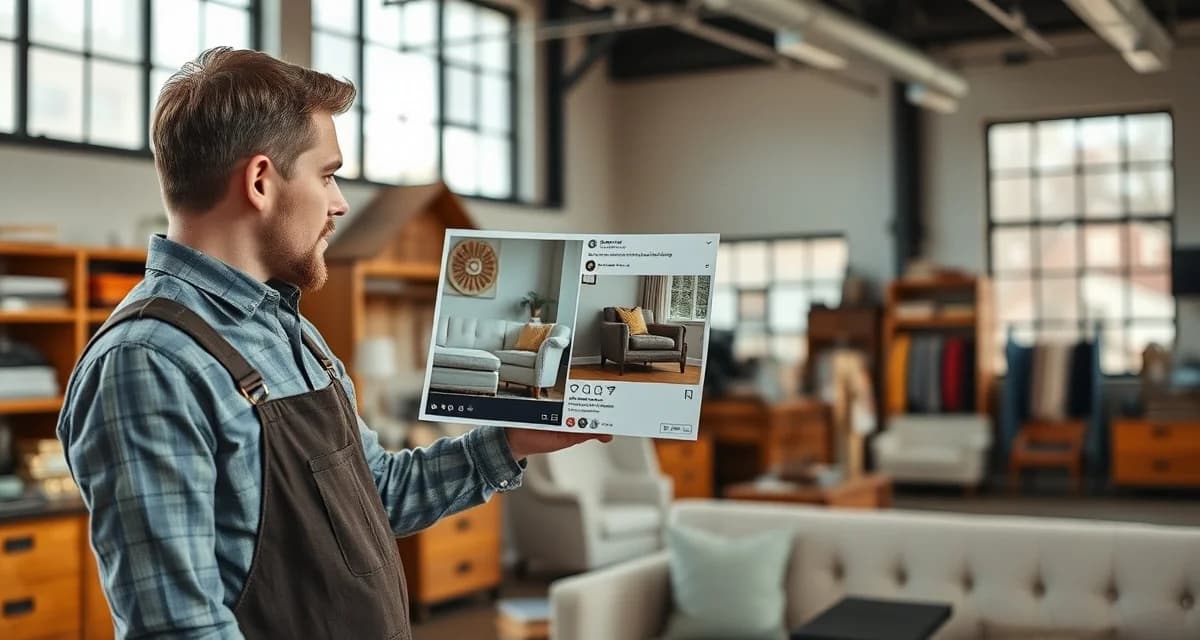 Local Facebook marketing strategy for upholstery businesses Upholstery shop owner sharing before and after furniture restoration posts in local Facebook neighborhood groups to generate customer inquiries