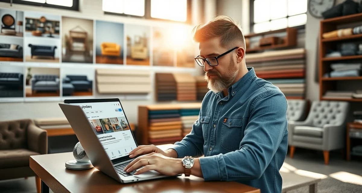 Building upholstery shop online presence through Google Business Upholstery shop owner optimizing Google Business Profile on laptop to generate local leads and build online presence