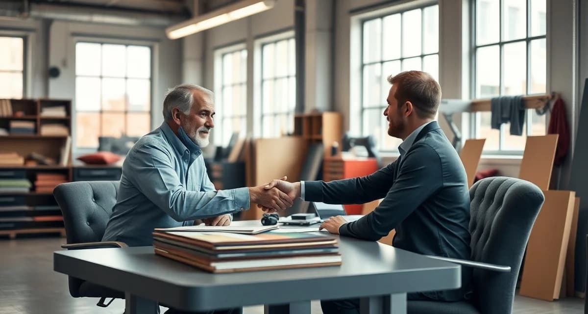 Hiring Your First Upholstery Employee Upholstery shop owner conducting an interview with a job candidate in a professional workshop setting with fabric samples