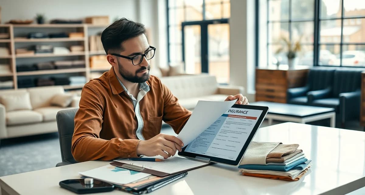 Insurance coverage planning for upholstery businesses Upholstery shop manager reviewing insurance coverage types including general liability and inland marine policies for business protection