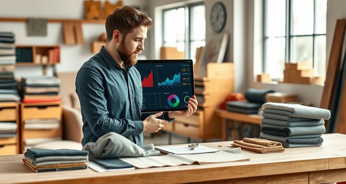 Business analytics for upholstery shops Upholstery shop owner analyzing key performance metrics and business data on a digital dashboard to track revenue and job progress