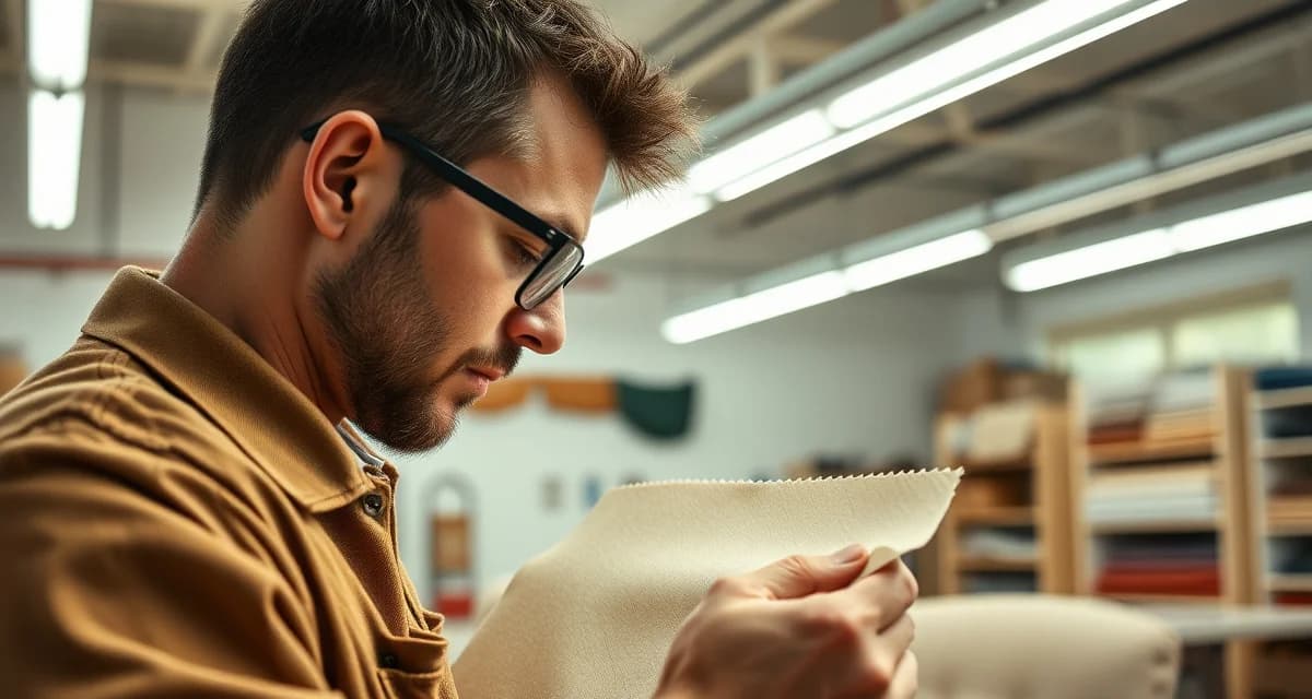 Professional lighting transforms upholstery quality control Upholstery shop worker examining fabric quality under professional 5000K daylight-balanced lighting in modern workshop setting