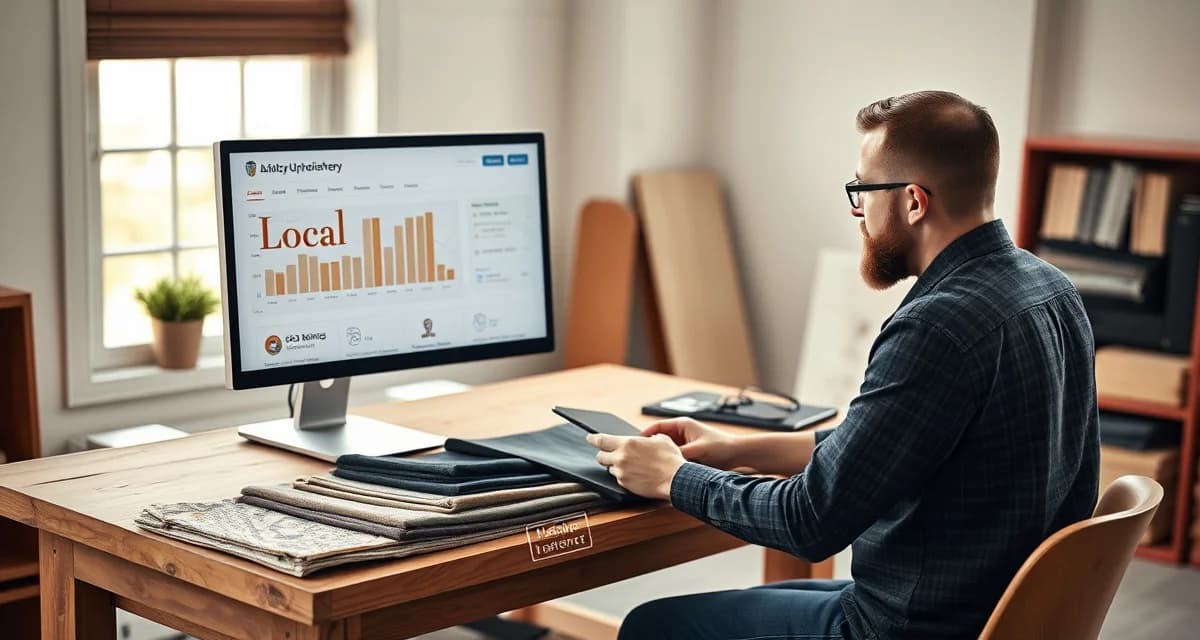 Local SEO Strategy for Upholstery Shops Upholstery shop owner analyzing local SEO rankings and organic lead metrics on computer, showing top 3 map placement results