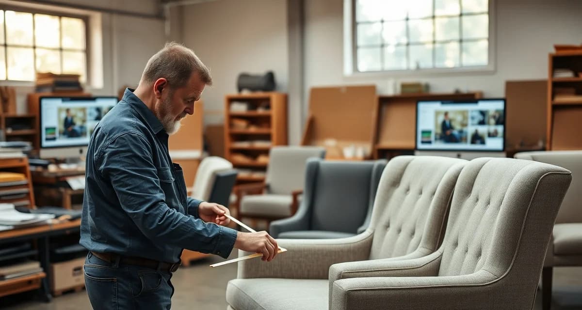 StitchDesk upholstery management platform for Indiana shops Upholstery shop software interface displayed in Indiana furniture manufacturing workspace with professional craftsperson and fabric samples