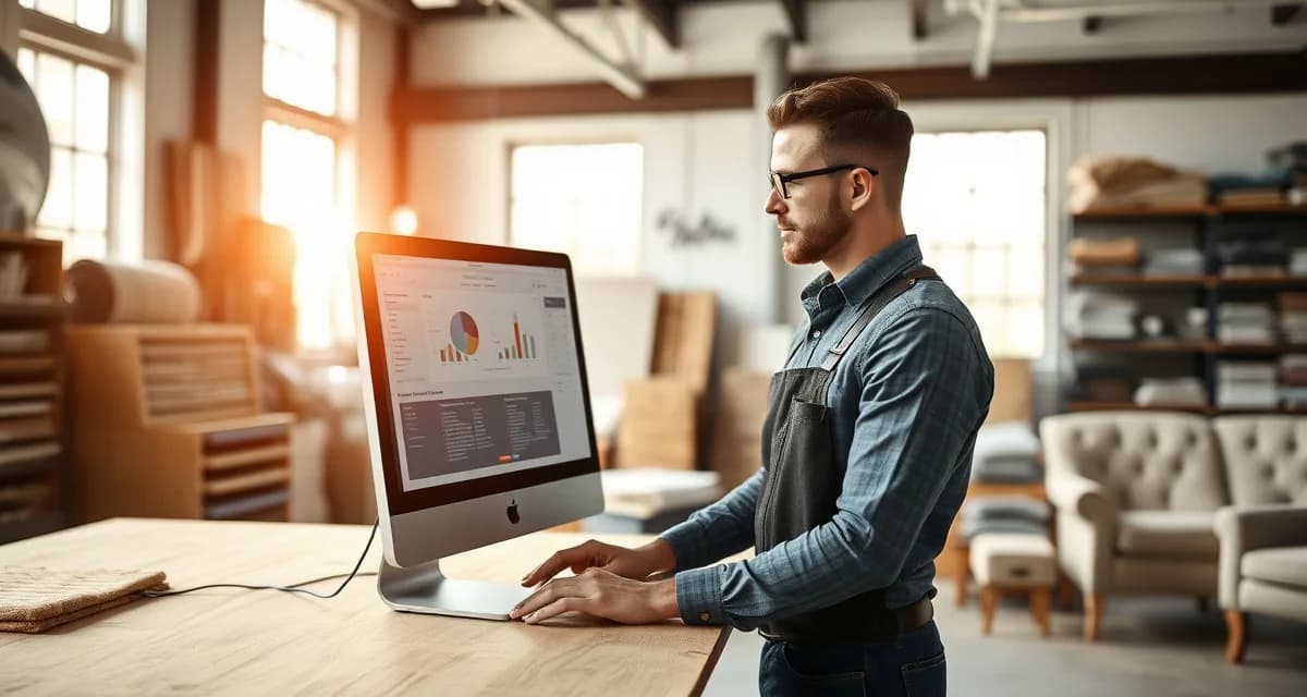 StitchDesk upholstery management platform for Kansas shops Upholstery shop software interface displayed on desktop computer for Kansas-based business management and cross-border client tracking.