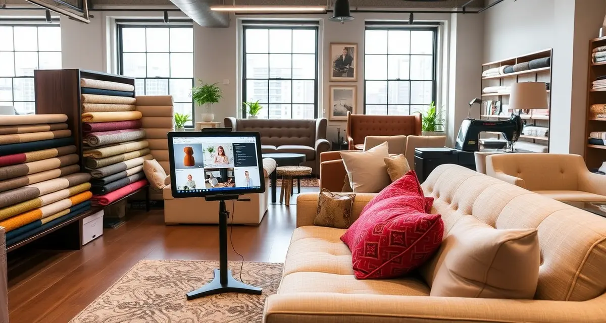 Premium upholstery software for NYC shops Modern upholstery shop in New York displaying premium fabrics and upholstery management software on digital devices for design-driven markets.