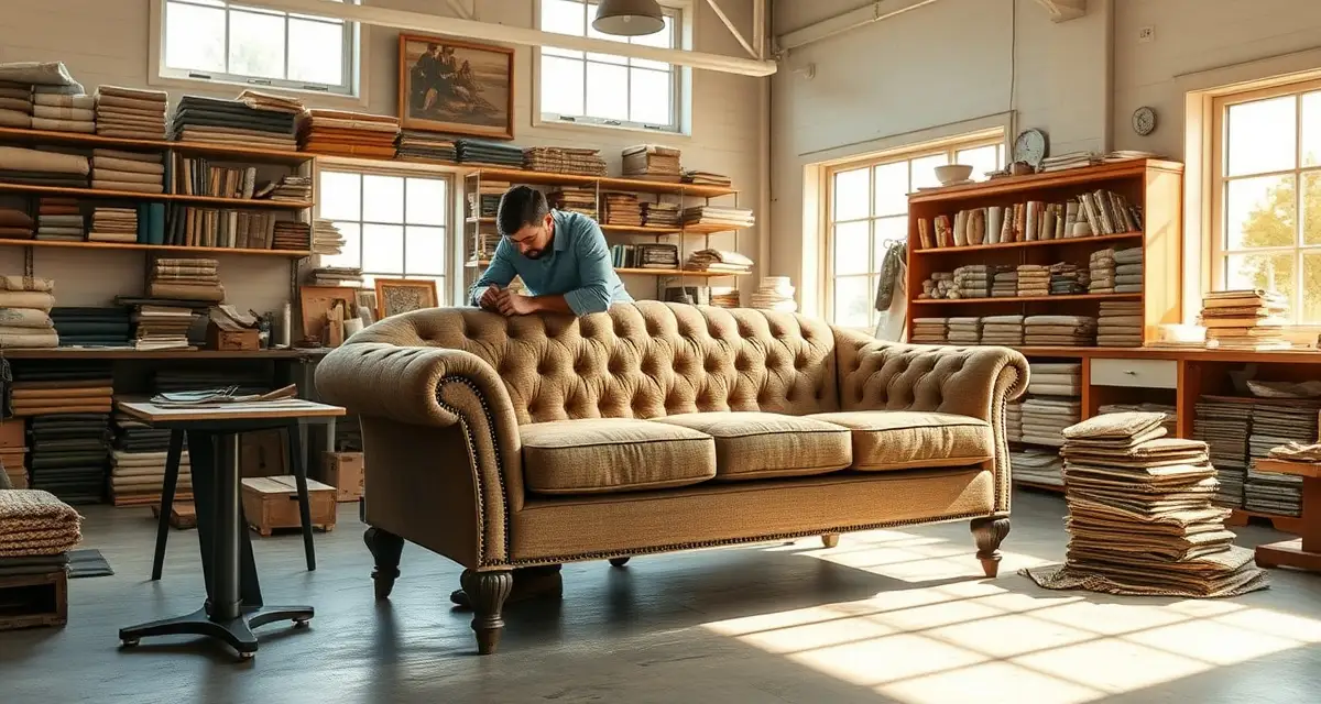 Expert upholstery shop management for Rhode Island estates Professional upholsterer crafting a luxury sofa with period furniture restoration techniques in a modern Rhode Island shop setting.