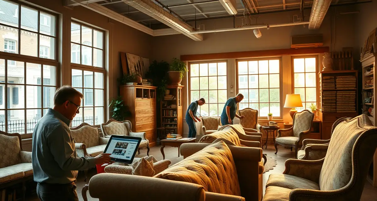 Modern software solution for SC upholstery businesses Upholstery shop software interface displayed in a professional South Carolina furniture restoration workspace with historic fabric samples.