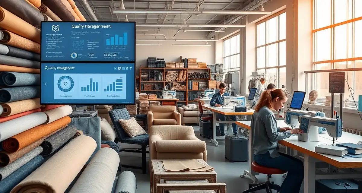 Upholstery shop management systems and workflow organization Organized upholstery shop with fabric inventory, digital job tracking systems, and production workflow management displayed on screens and workspace stations.