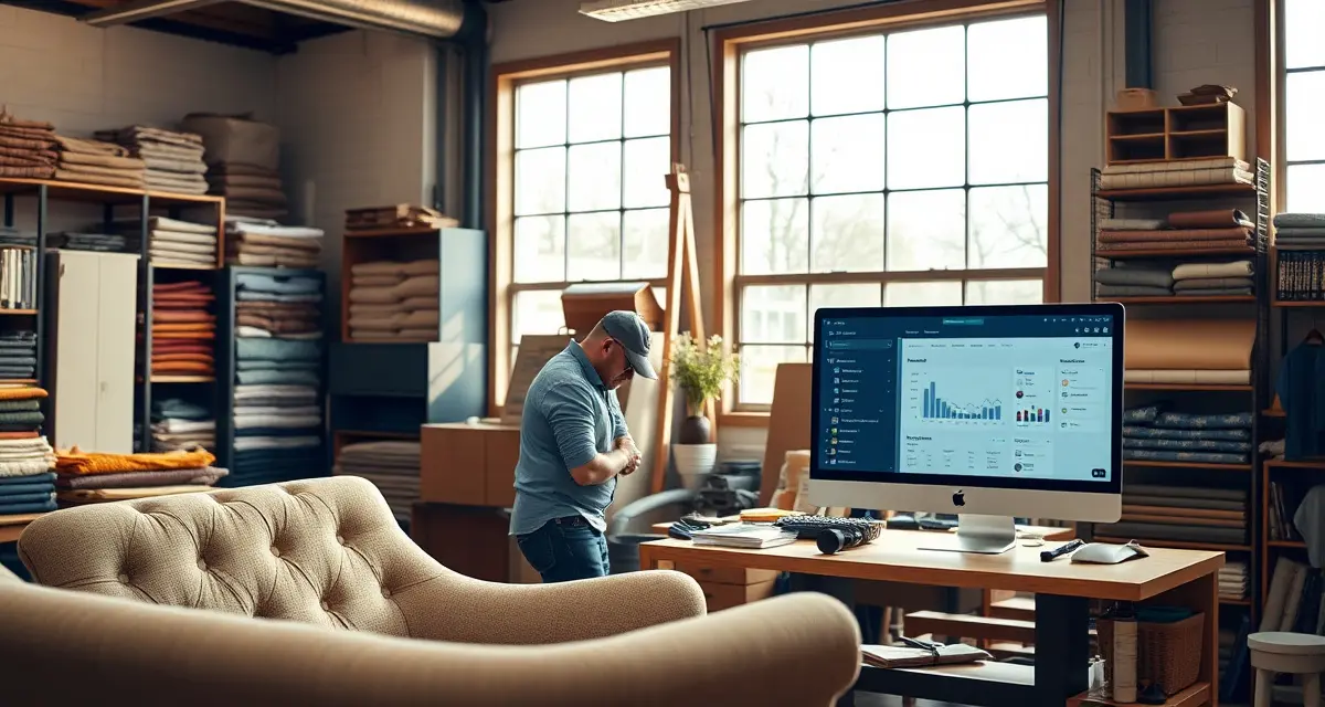 StitchDesk upholstery management solution for WV shops Upholstery shop software dashboard displayed in a professional West Virginia furniture restoration workspace with craftspeople at work