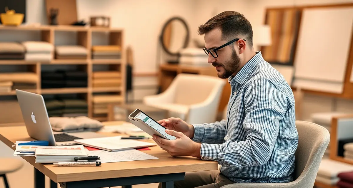 Digital quoting solution for upholstery businesses Upholstery shop manager using quoting system software to generate accurate project estimates on tablet and computer