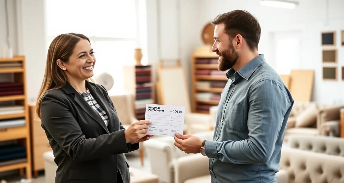 Referral program implementation in upholstery business Upholstery shop manager presenting referral program card to customer for turning clients into salespeople