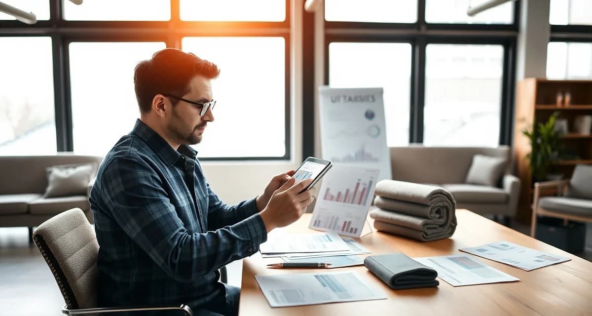 Financial analysis for upholstery business revenue optimization Upholstery shop manager analyzing revenue metrics and job profitability on financial dashboard to optimize business performance