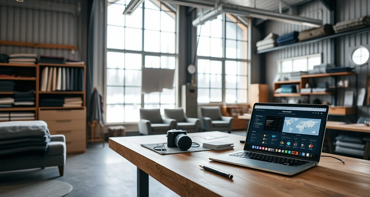 Cloud-based shop management for remote upholstery operations Upholstery shop management software dashboard on laptop displaying remote operations tools for Alaska fabric businesses