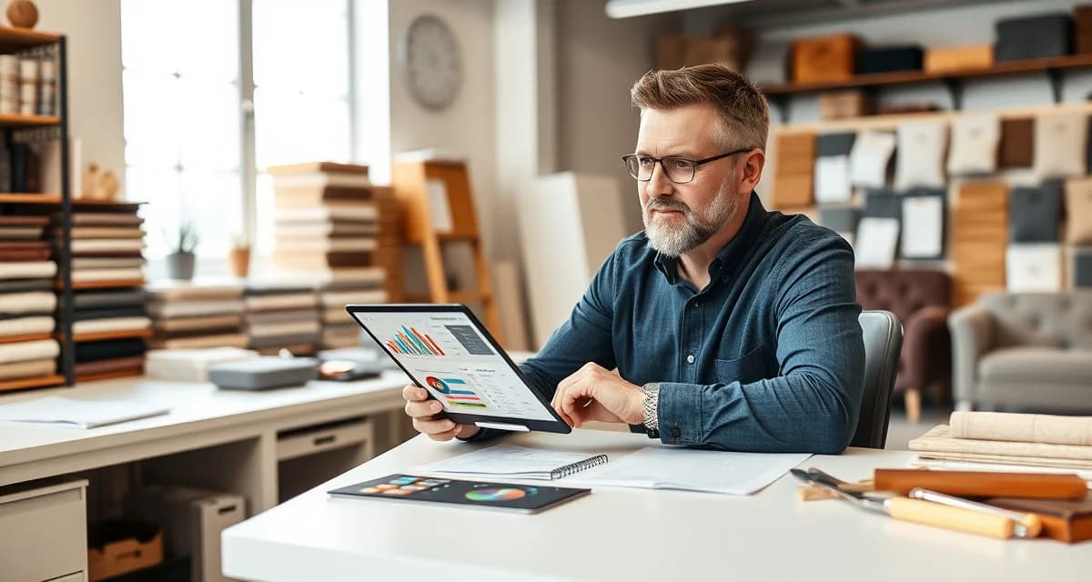 Software comparison for upholstery business management Upholstery shop manager comparing software options on tablet at modern workspace desk with fabric materials