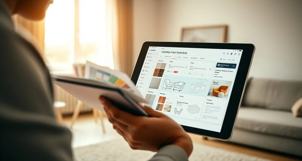 StitchDesk upholstery software for design professionals Interior designer using upholstery shop management software to review fabric options and project status on tablet device