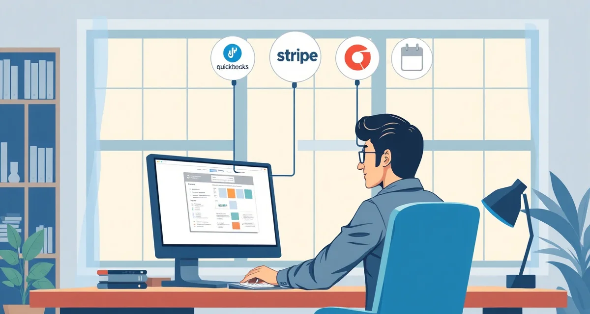 Connected software systems for upholstery business automation Upholstery shop management software integrations with QuickBooks, Stripe, and Google Calendar displayed on computer screen