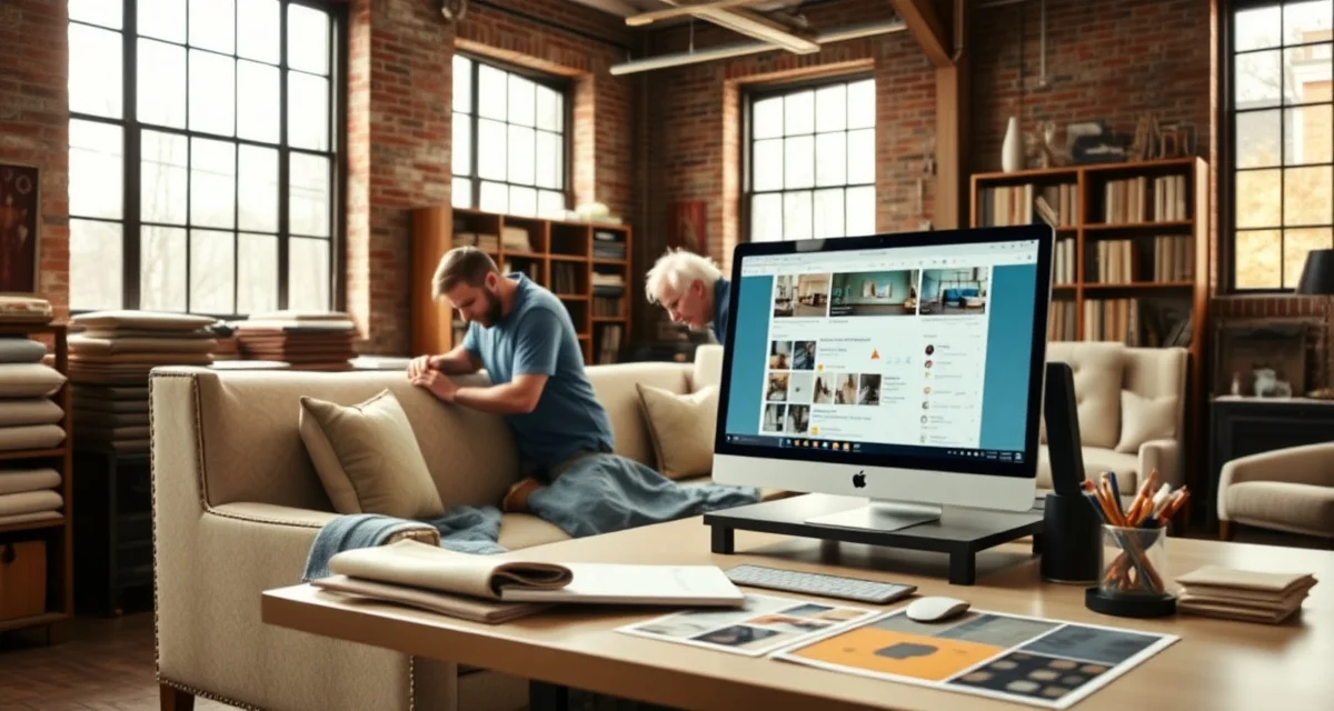 StitchDesk upholstery management software for Massachusetts shops Professional upholsterer using upholstery shop software on computer while working on premium residential furniture in Boston workshop