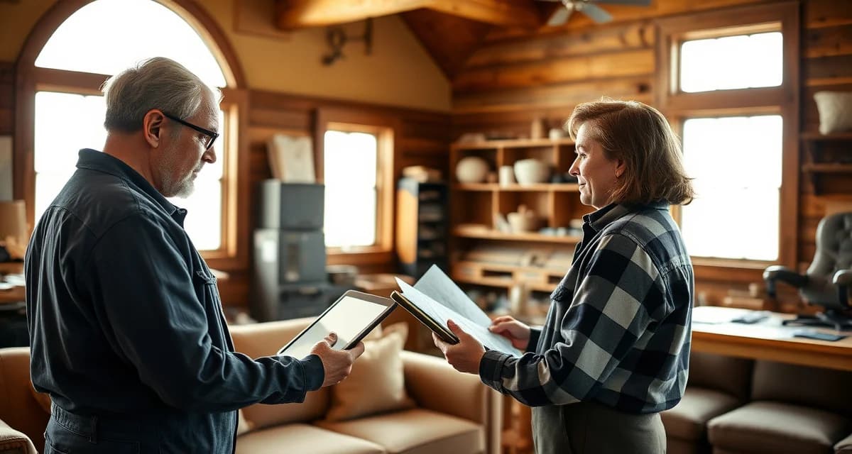 Mobile quoting solution for Nebraska upholstery shops Upholstery shop owner conducting mobile quoting on tablet during rural Nebraska site visit with client and fabric samples