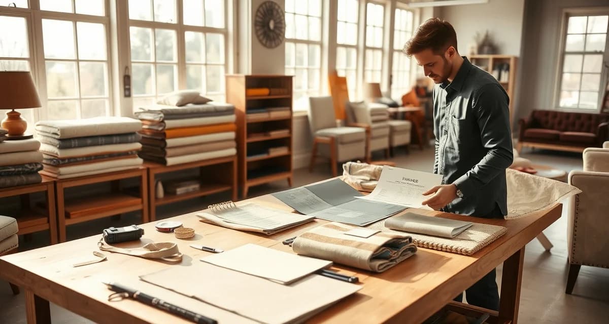 North Carolina upholstery shop workspace Professional upholstery shop workspace with fabric swatches and design tools for North Carolina furniture businesses