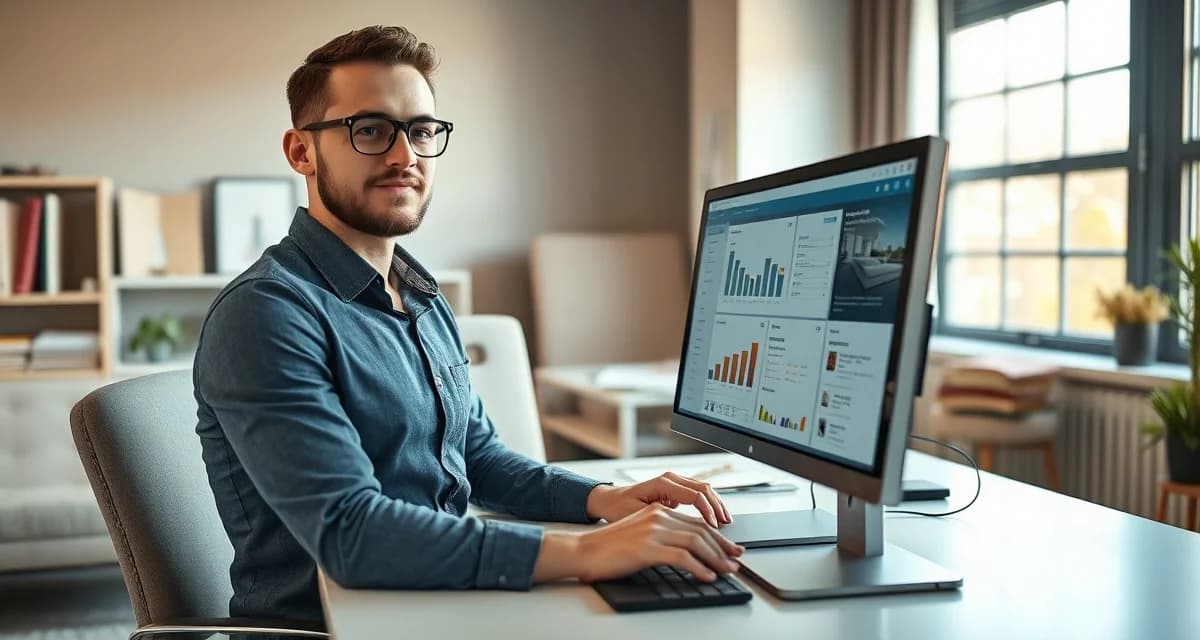StitchDesk upholstery software trial experience Upholstery shop manager demonstrating free trial of upholstery shop management software on computer workstation with fabric samples