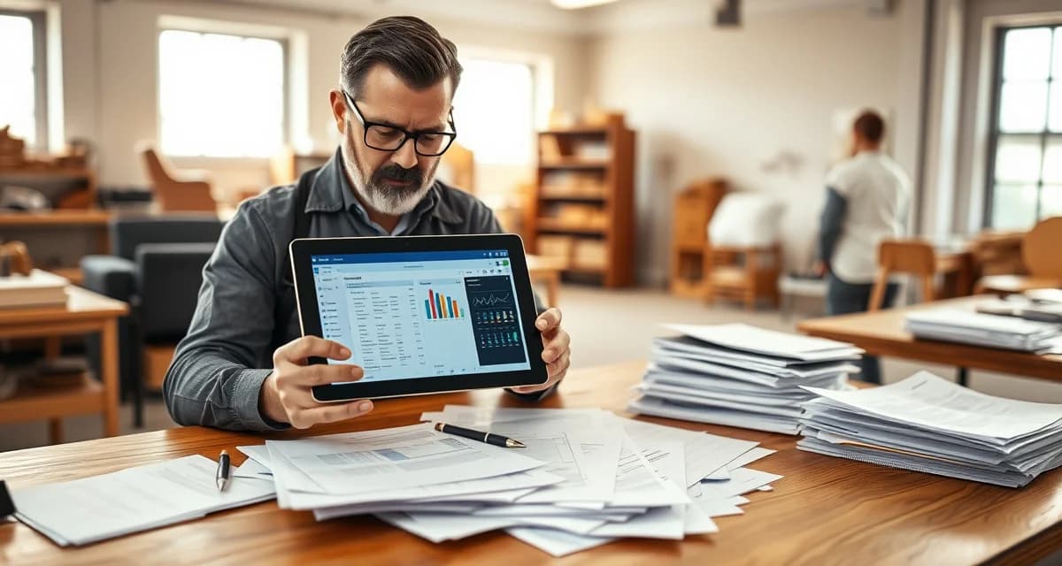 Digital vs paper upholstery shop management comparison Upholstery shop manager comparing digital software management on tablet with traditional paper-based administration system on desk