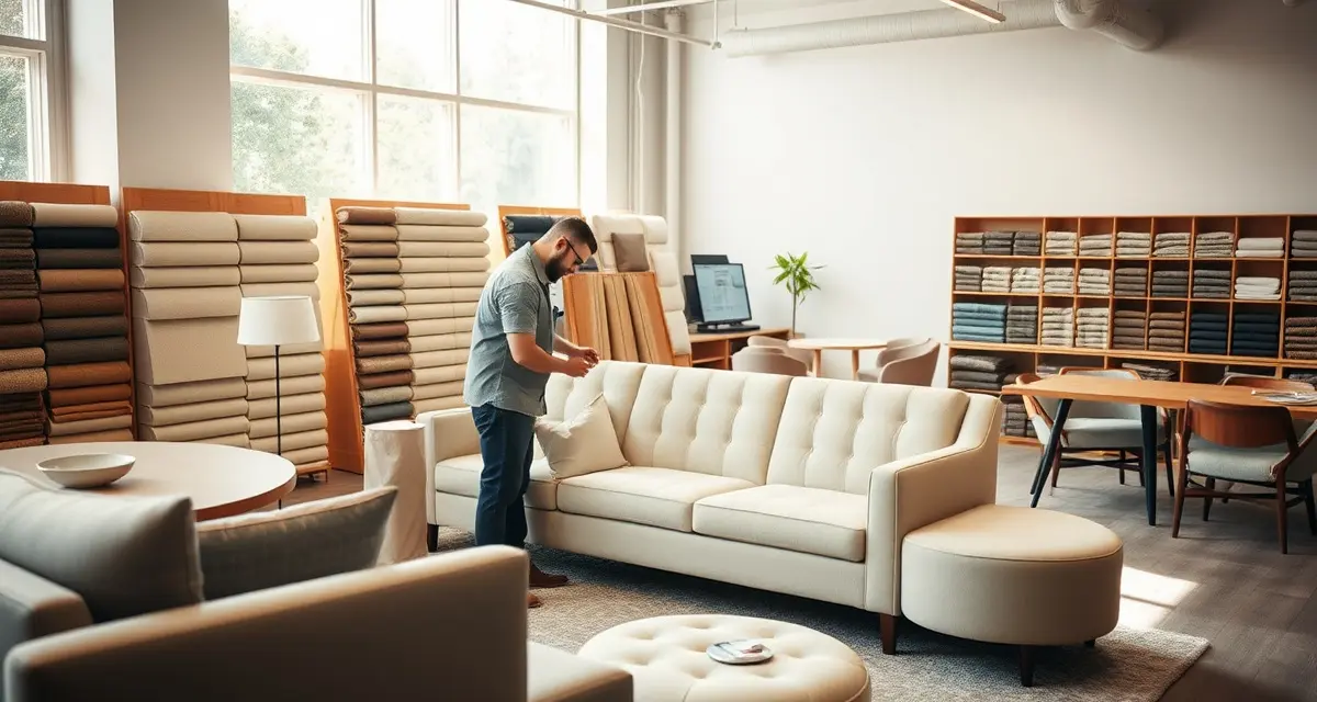 Modern upholstery shop management in Pacific Northwest Professional upholsterer working on premium residential furniture in a modern Seattle upholstery shop with fabric samples and contemporary design elements