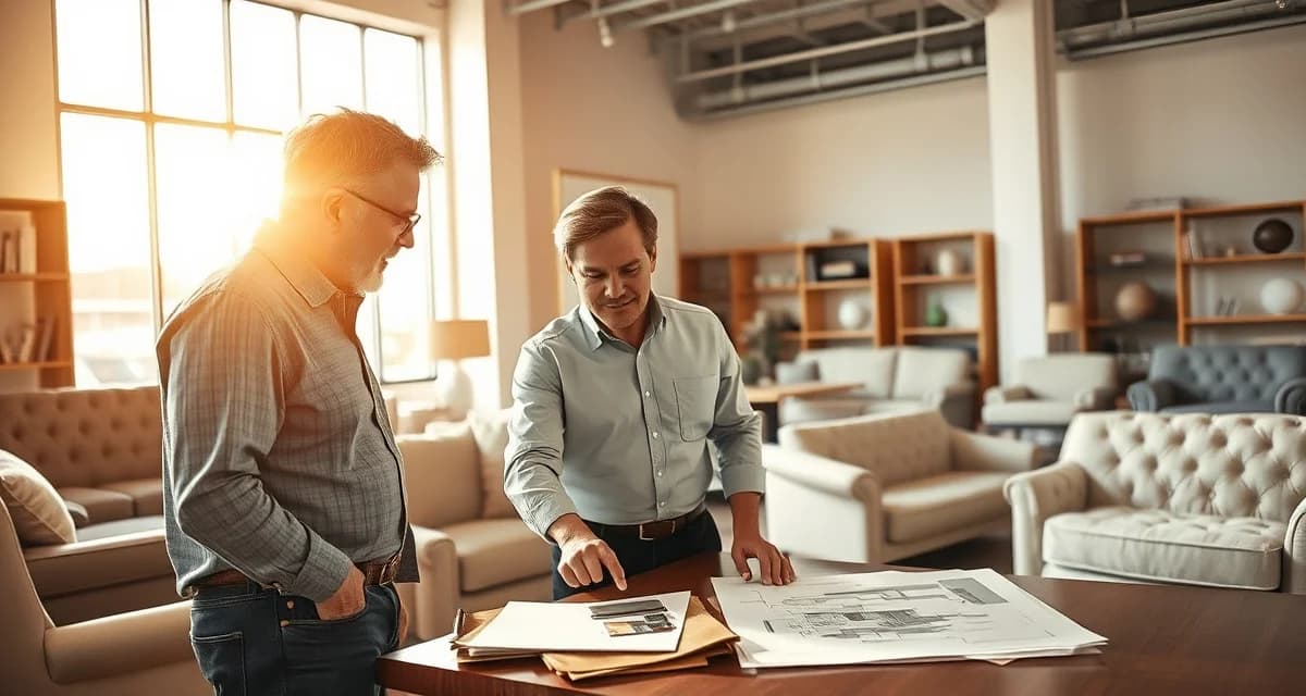 Building your upholstery business differentiator Upholstery shop owner discussing unique selling proposition with client while reviewing custom fabric and design options in showroom