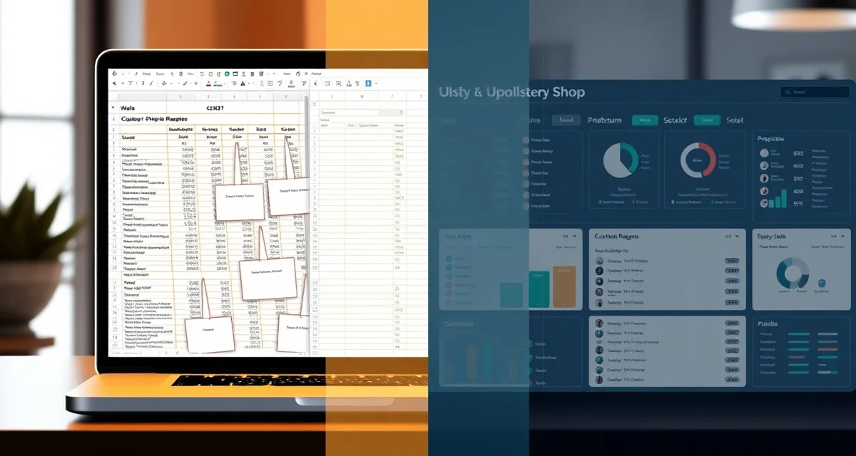 StitchDesk software advantage over spreadsheet management Comparison illustration of spreadsheet management versus upholstery shop software showing efficiency gains and organized workflow.