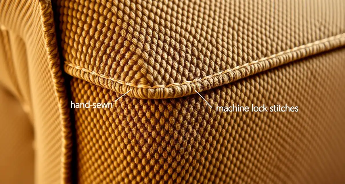 Professional upholstery stitching techniques comparison Close-up view of different upholstery stitch types including blind stitches and machine stitches on professional furniture seams