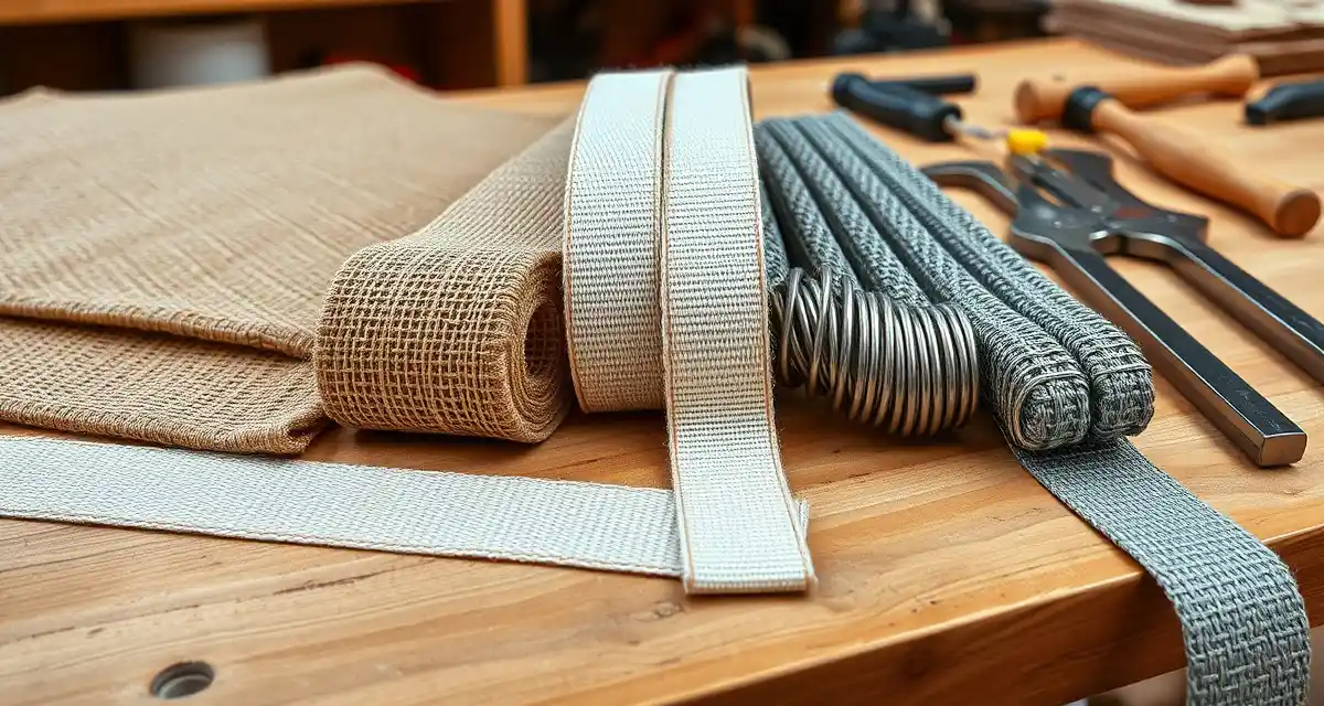 Professional upholstery materials guide Comparison of three upholstery webbing types: jute, polypropylene, and sinuous spring webbing samples on workbench