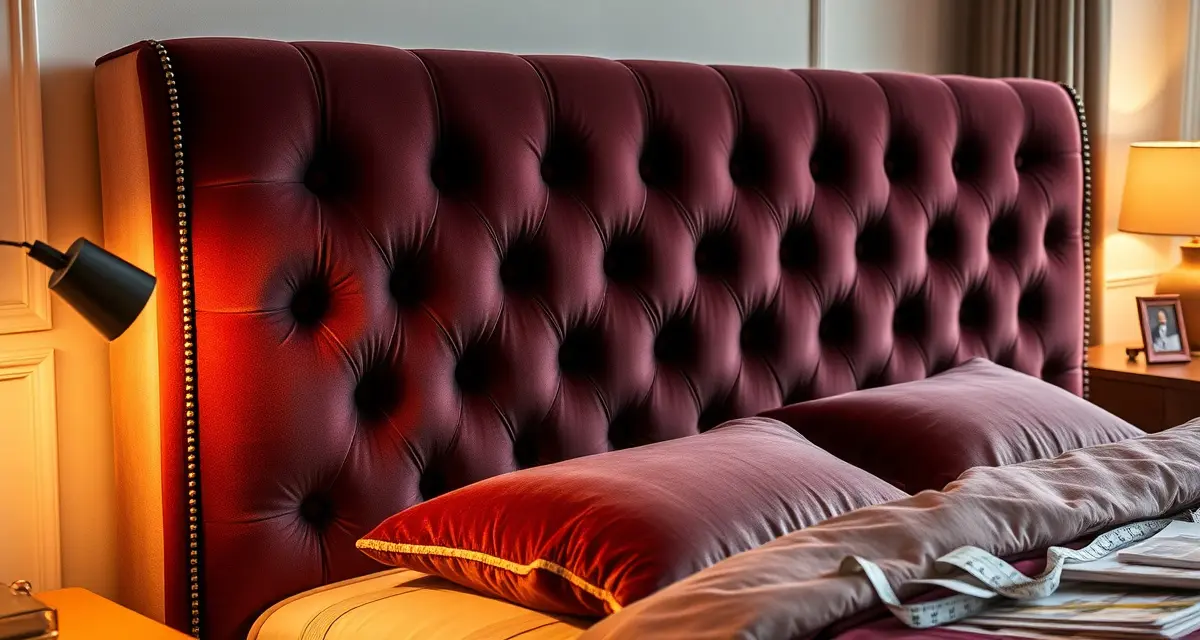 Velvet tufted headboard fabric measurement guide Premium velvet fabric with diamond tufting pattern on headboard showing nap direction and measurement considerations for upholstery yardage calculation.