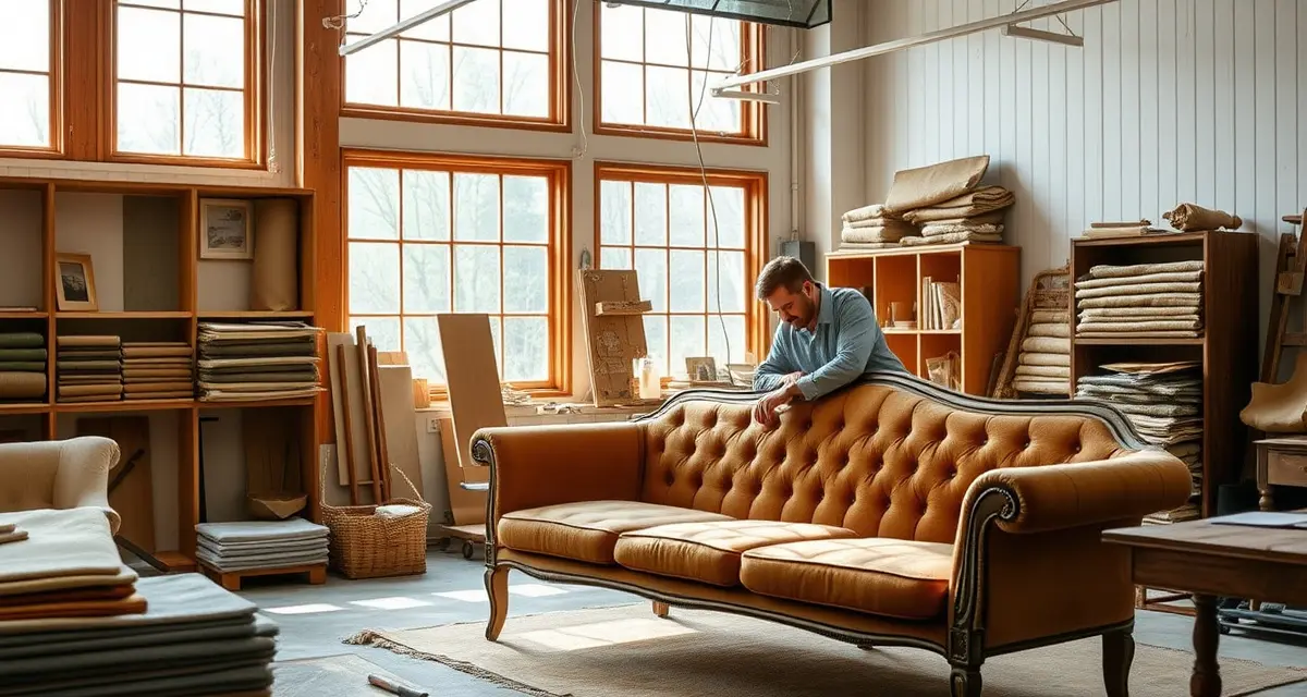 Vermont upholstery workshop management system Professional upholstery shop in Vermont with craftsperson working on antique furniture restoration using quality management software.