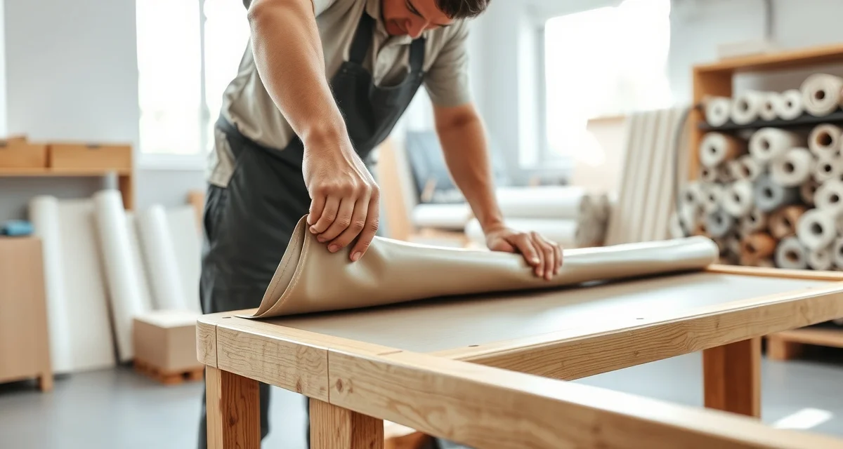 Expert vinyl upholstery installation techniques Professional upholsterer installing vinyl upholstery on furniture frame using proper stretching and stapling techniques in workshop