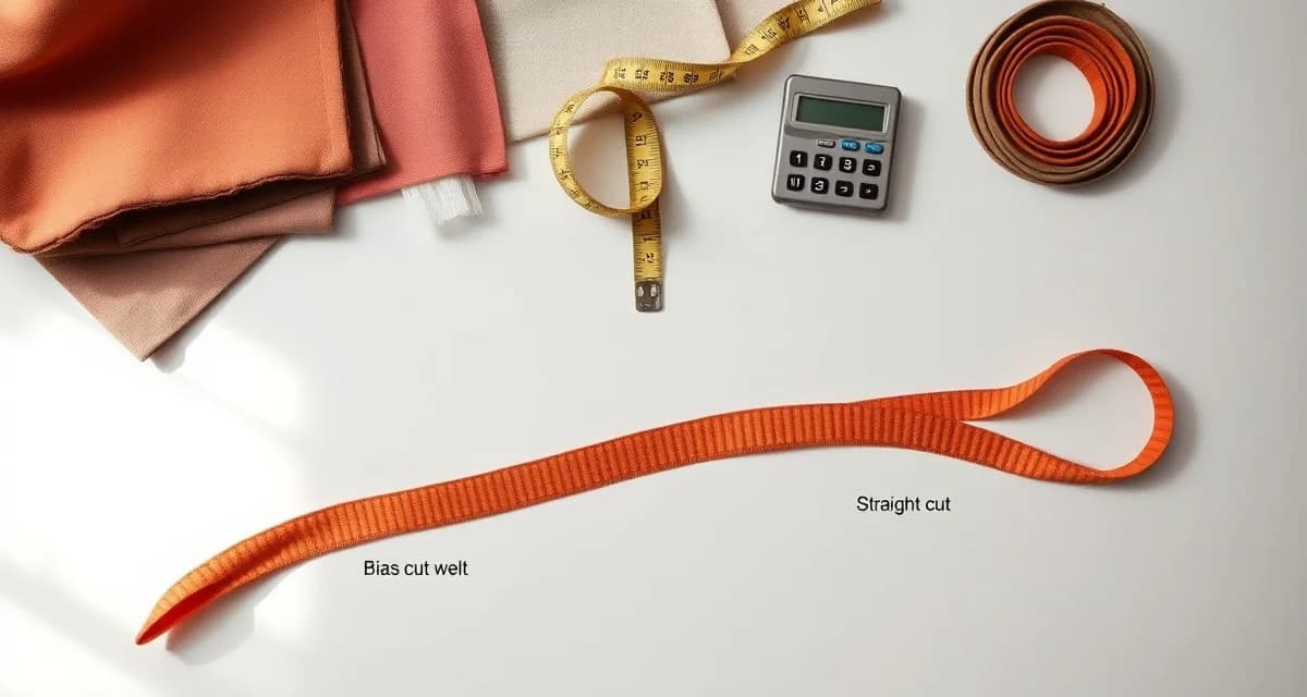 Bias-cut vs straight-cut welt calculation reference Welt cording yardage calculator comparing bias-cut and straight-cut welt fabric samples with measuring tools for upholstery projects.