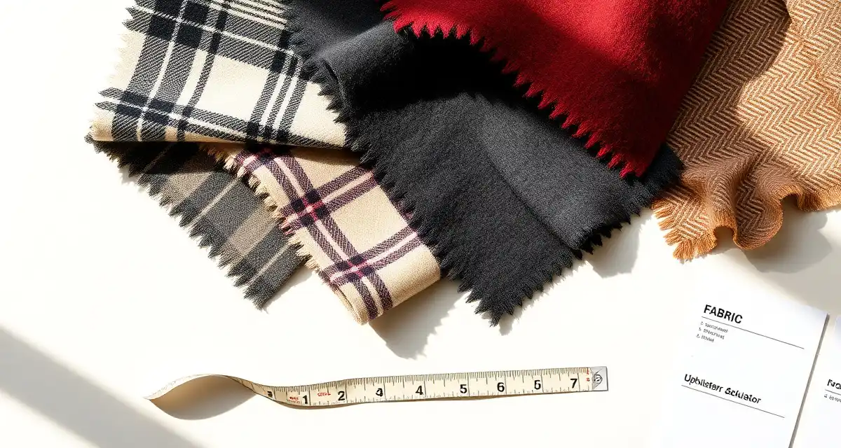 Wool upholstery fabric varieties and pattern types Wool fabric samples showing plaid pattern, solid weave, and directional textures for upholstery yardage calculation